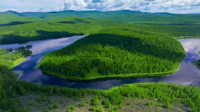 Drone Shot of Green Landscape with Winding River