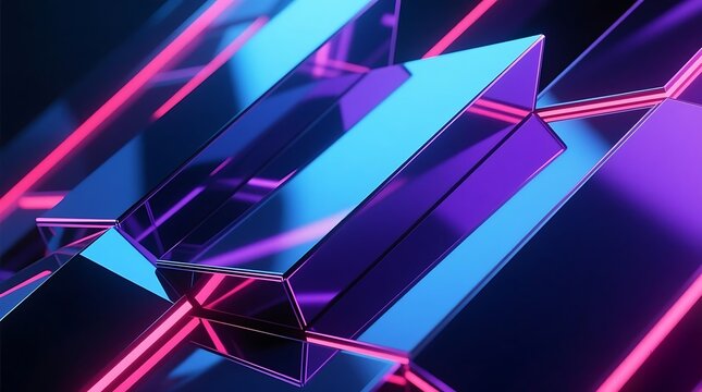 Abstract Geometric Background with Glowing Blue and Purple Neon Metallic Blocks