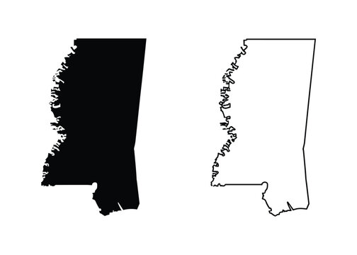Mississippi State Outline. A graphic representation of the state of Mississippi in both solid black and a white outline, ideal for cartography, travel, or informational graphics.