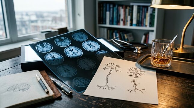 A neurologist's desk with axial brain scan slices, neuron diagrams, and a half-filled glass on a tray.