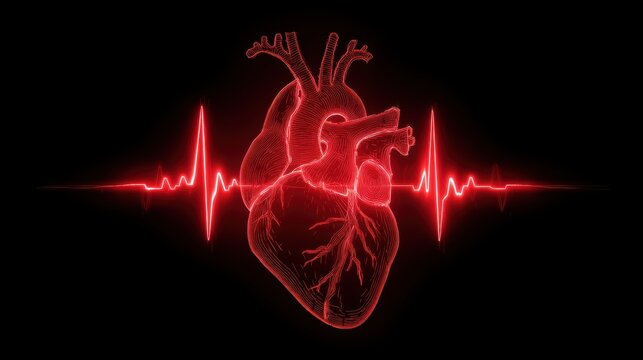 human heart shape with red cardio pulse line. Creative stylized red heart cardiogram with human heart on black background. Health, cardiology, cardiovascular diseases