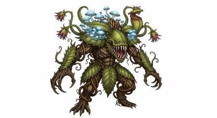 Fototapeta premium a green monster with sharp teeth and flowers on its head.