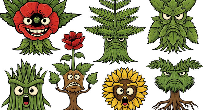 Cartoon plants and flowers with faces.