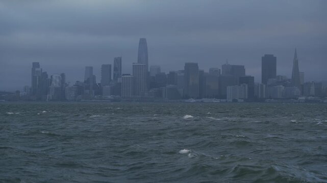 San Francisco Skyline from Bay Choppy Waves Rain Squall Close