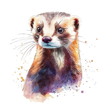 Ferret, clipart vector in watercolor style with flowing brushwork, isolated on a white background.
