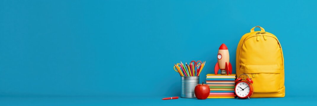 Backpack with school supplies books and apple for education and student learning