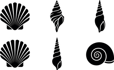 Set of black sea shell silhouettes featuring scallop conch and spiral snail shapes for summer beach ocean graphic designs © MstAduri