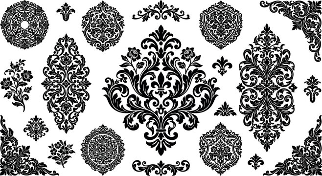 Premium vintage damask ornament collection featuring royal baroque crest elements elegant rosettes and luxury floral vector design silhouettes