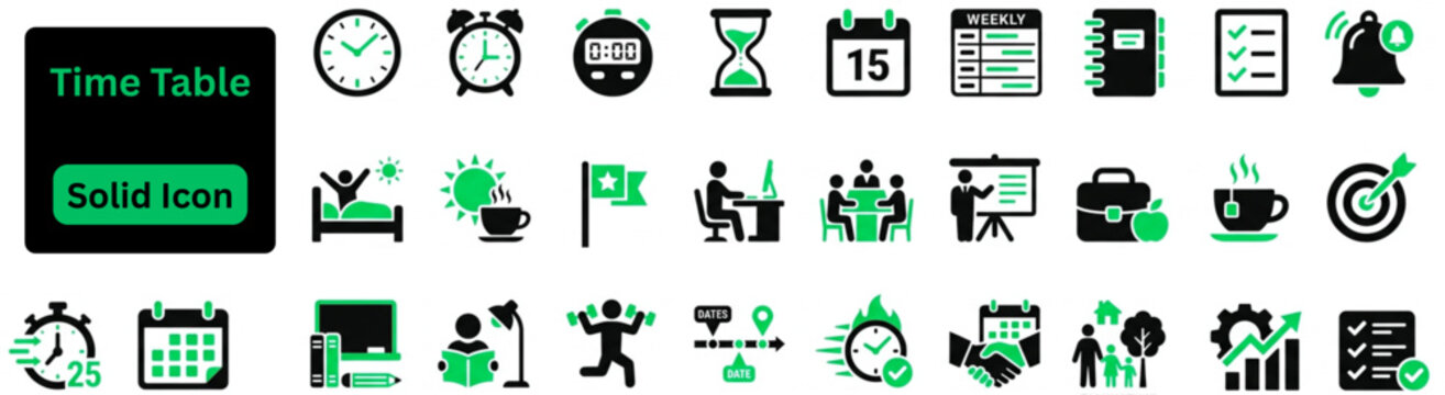 Solid vector of  Time Table Icon Set.  Time Table solid Icon Set. Features icons of future, hours, management, meeting, signs, timeline, graphic, measurement, work, check collection.
