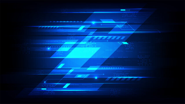Abstract futuristic digital technology background with dynamic blue neon light streaks and geometric shapes, high speed data flow and cyber security network concept