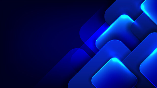 Abstract dark blue background with overlapping rounded squares and glowing neon cyan edges, modern futuristic technology banner, corporate presentations or digital wallpapers