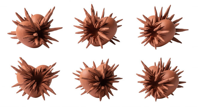 artistic clay heart sculptures exploding with spikes on white background unique 3d abstract art design  decoration