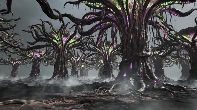 Dark forest filled with twisted trees, bioluminescent purple and green tentacles, and swirling fog, creating an eerie sci-fi alien atmosphere.