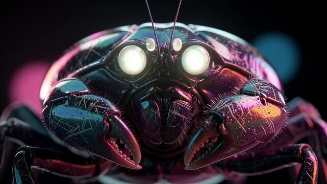 Closeup of a futuristic metallic crab with glowing eyes and colorful reflections.