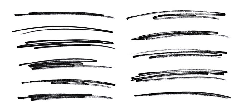 Hand-Drawn Black Marker Underline Set Isolated on White Background, Brush Pen Stroke Collection, Scribble Highlight Lines, Sketch Emphasis Elements for Text, Notes, Motion Graphics and Design