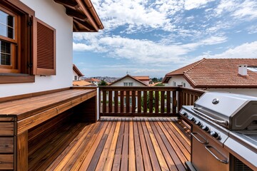 Fototapeta premium Terrace with modern rooftop wooden decking and stainless steel grill for outdoor