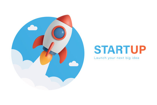 Startup Rocket Launch Vector Illustration. Startup Business Concept, Startup Growth Banner with 3d Flying Rocket in Clouds. Innovation, Investment, Company Launch, Entrepreneurship, Technology Design