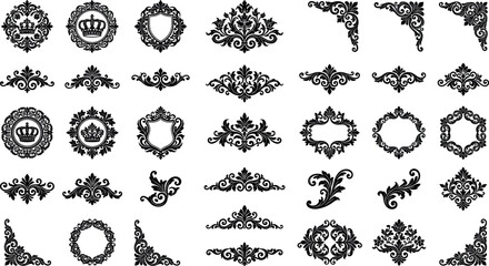 Luxury royal heraldic ornament bundle with baroque crown frames filigree shield borders floral corners and vintage damask vector elements © MstAduri