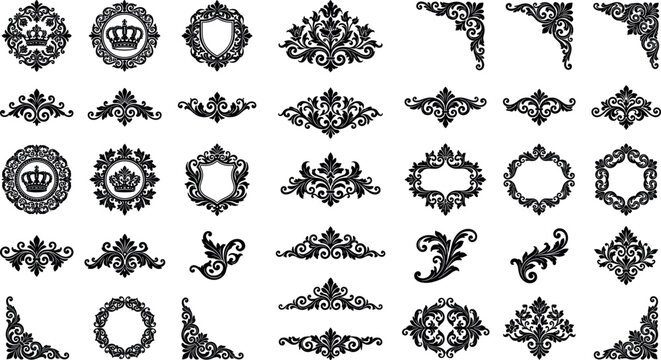 Luxury royal heraldic ornament bundle with baroque crown frames filigree shield borders floral corners and vintage damask vector elements