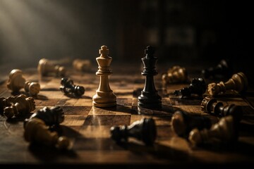 Fototapeta premium A chessboard with only two kings, surrounded by fallen pieces.