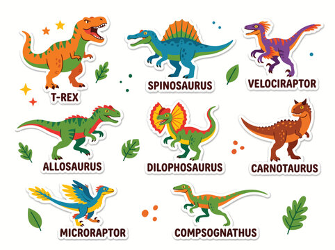 Cartoon dinosaur sticker collection with leaf elements
