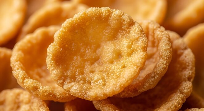 Macro close up of crunchy golden corn flakes breakfast cereal with breakfast