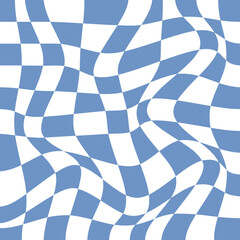 Obraz premium Abstract Wavy Checkerboard Pattern in Muted Blue and White Geometric Distorted Grid Background Design