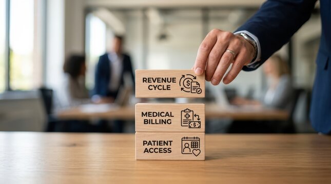 Businessman placing wooden block with revenue cycle on top of medical billing and patient access blocks on office table