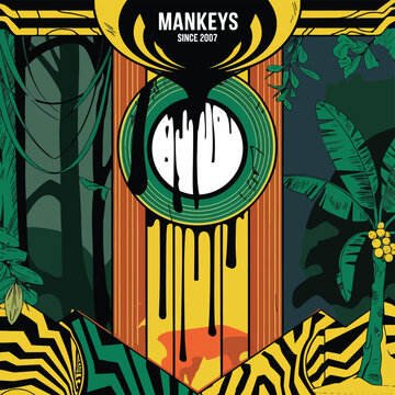 Mankeys Jungle Theme Vector Poster Design with Tropical Leaves and Geometric Circle