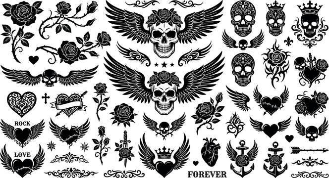 Mega bundle of black gothic tattoo silhouettes featuring skulls with wings roses crowns anchors and vintage rock love graphic design elements