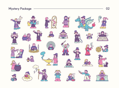 Minimal mystery character collection featuring magicians, witches, dragons, fortune tellers, spells, magical creatures, and fantasy illustrations.