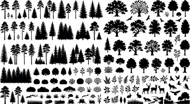 Mega bundle of black tree silhouettes pine forest wild animals shrubs and botanical elements for outdoor nature graphic designs