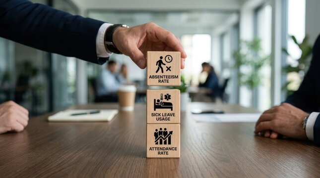 Businessman placing wooden blocks with absenteeism rate sick leave usage attendance rate on office table