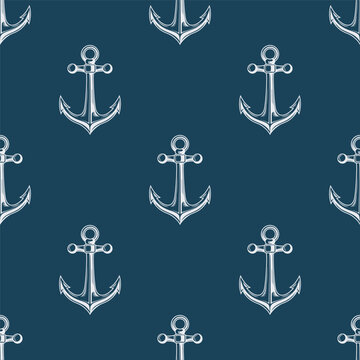Anchor Seamless Pattern, Vector Illustration. Anchor Nautical Pattern. Anchor Background with White Marine Anchors on Dark Blue. Maritime Fabric, Wallpaper, Wrapping Paper, Textile, Coastal Design