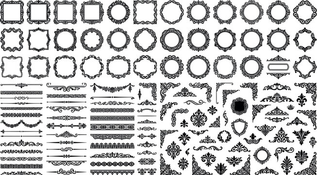Mega bundle of vintage baroque frames decorative borders filigree corners and ornate text dividers vector design elements