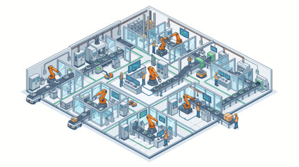 Fototapeta premium Isometric view of a smart factory with robotic arms and automated production lines.