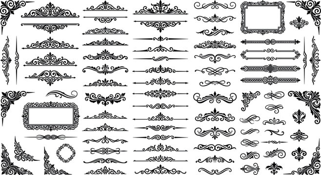 Mega bundle of vintage text dividers decorative line borders elegant calligraphic flourishes and baroque filigree corner frame design elements