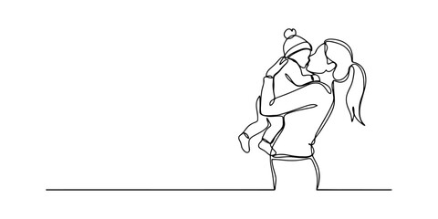 Obraz premium Continuous single line drawing of a mother holding and hugging her little baby