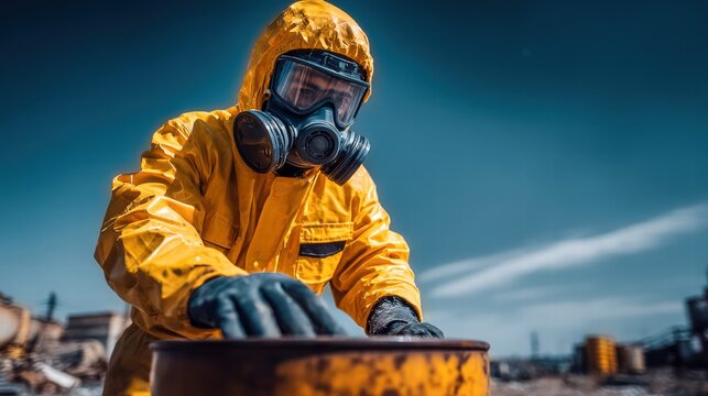 Person in Hazmat Suit Inspecting a Barrel