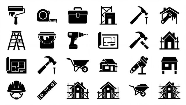Set of construction tools and building icons black glyph flat design elements for web and mobile apps isolated on white background