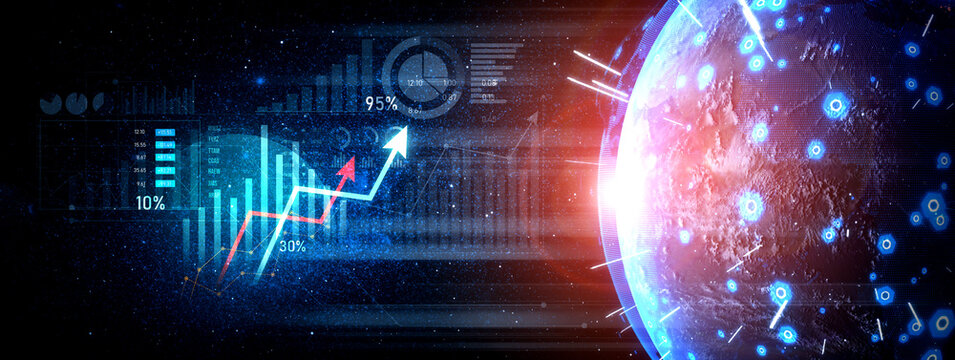 Discover a vivid illustration of futuristic business analytics featuring financial graphs and rising trends, symbolizing global economic growth and digital innovation. Scalp