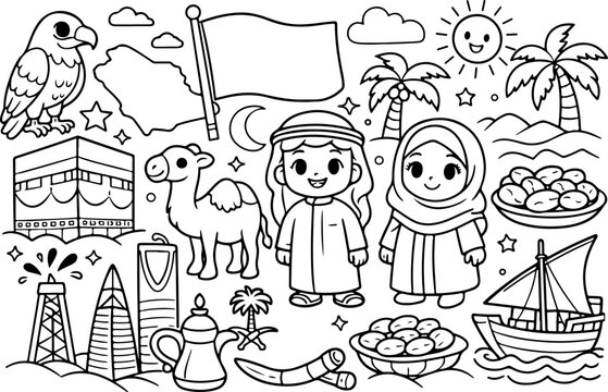 Royaume d'Arabie saoudite, KSA : illustrations de monuments dessin&eacute;es &agrave; la main, style cartoon, &agrave; colorier pour enfants.
