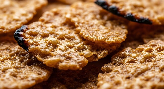 Macro view of golden brown crispy artisanal crackers stack with crackers