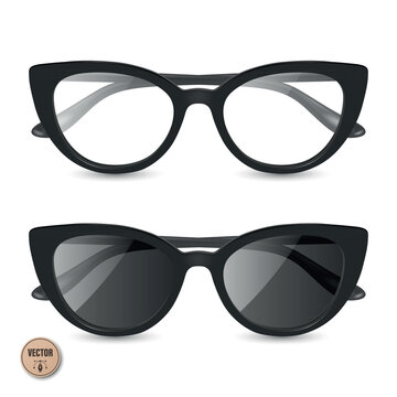 Vector 3d Realistic Cat Eye Glasses and Sunglasses. Black Eyeglasses Frame. Cat Eye Sunglasses with Dark Lenses. Fashion Eyewear Illustration. Optical Shop, Beauty, Style, Accessory, Modern Design