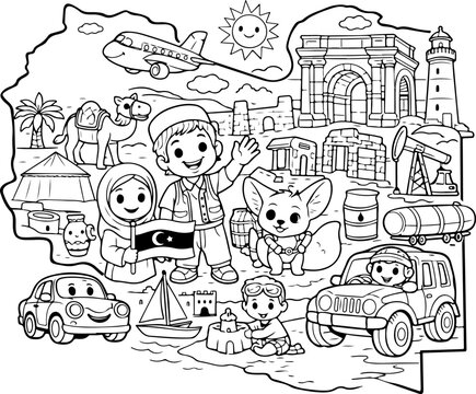 Libye, illustration de dessin au trait &agrave; la main, style gribouillage, &agrave; colorier pour enfants