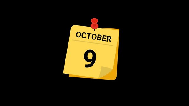 animated sticky note calendar showing October 9 with transparent background