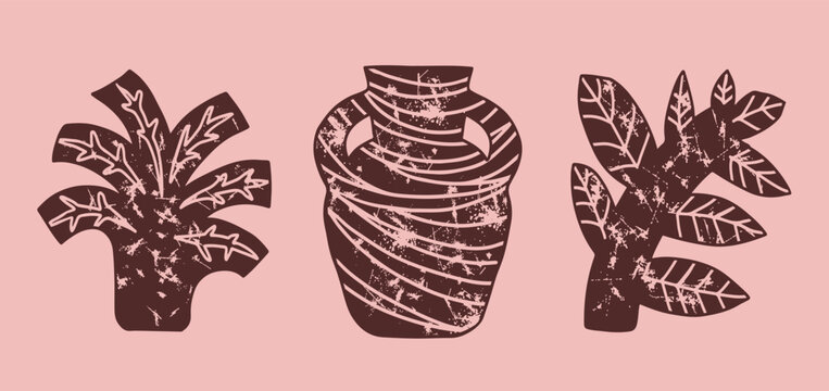Abstract art of brown plants and brown vase. Isolated on the light pink background