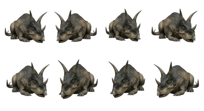 several scaled images of a ceratopsian dinosaur lying down on a white background isolated dinosaur models