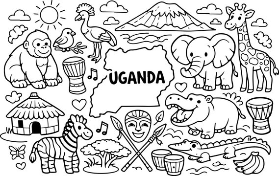 Ouganda, monuments, dessin au trait dessin&eacute; &agrave; la main, illustration style gribouillage, page &agrave; colorier pour enfants