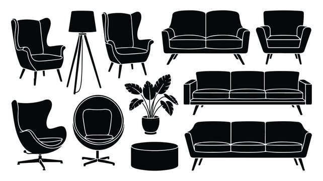 An illustration depicts a modern living room interior with furniture and decor.